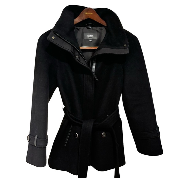 Mackage Black Wool Zipped Jacket with Leather Trim & belt, Size S/P Barely worn - Picture 1 of 10